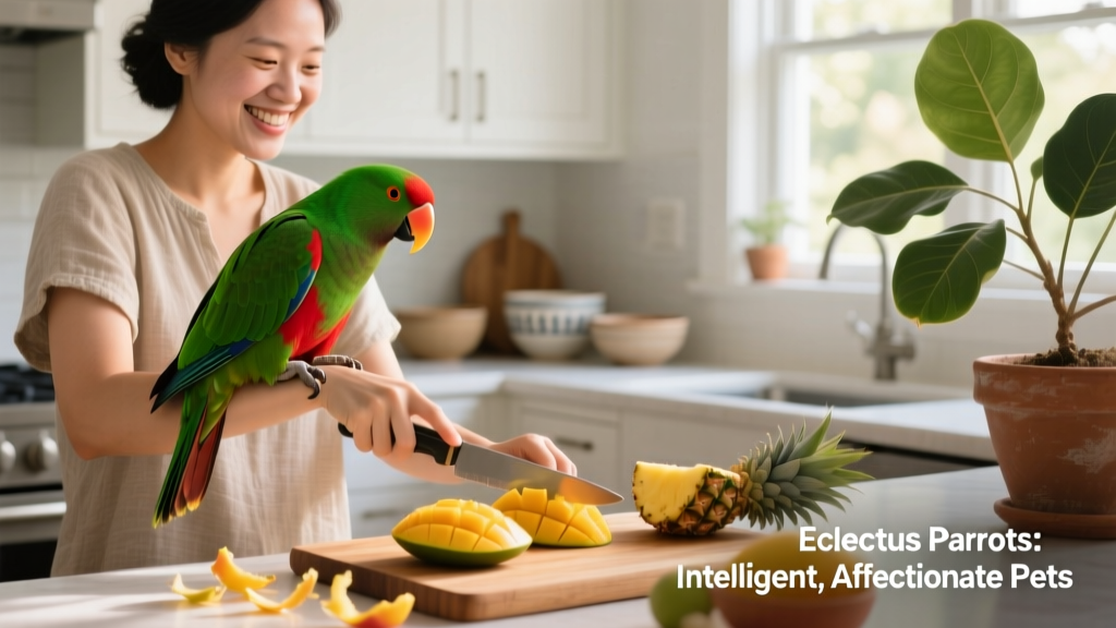 An eclectus parrot perched comfortably on a person's forearm while they prepare fresh fruit in the kitchen