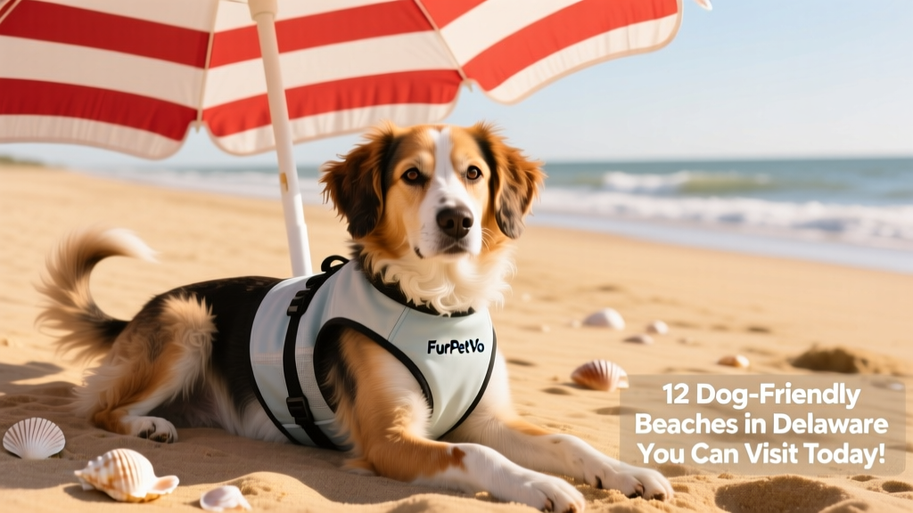A relaxed mixed-breed dog resting in the shade of a striped beach umbrella, wearing a lightweight cooling vest from FurPetVo