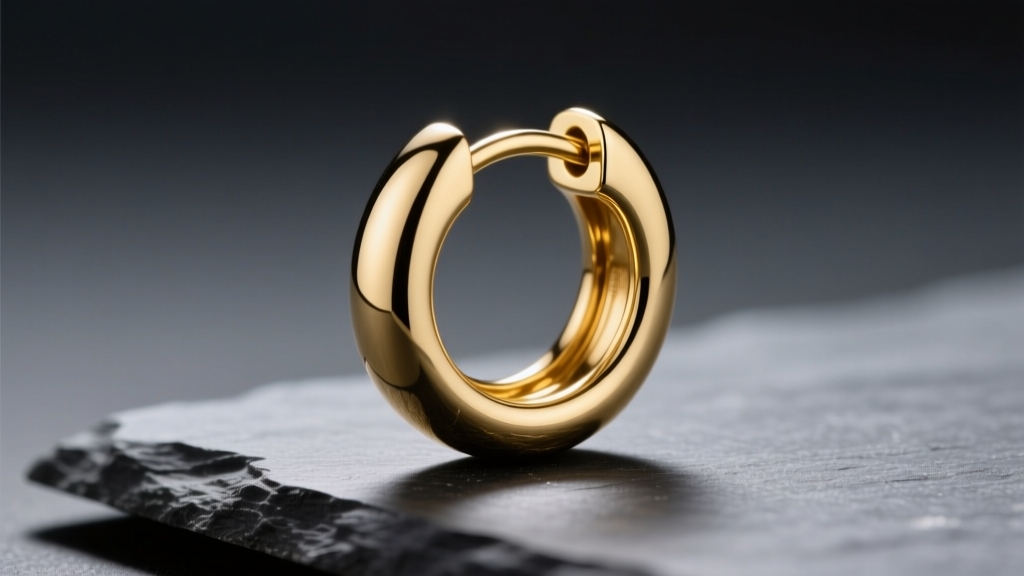 Macro photography of a 20mm 18k yellow gold hoop earring with a seamless clicker clasp, resting on dark slate to emphasize the high-polish finish