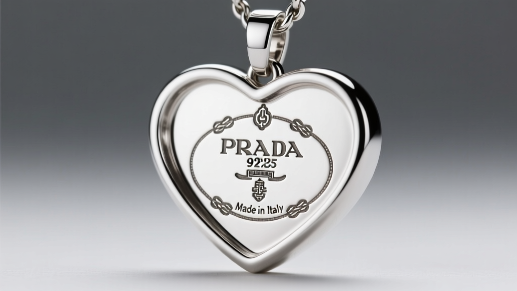 Close-up of the 925 and Made in Italy hallmarks stamped on the back of an authentic Prada silver heart pendant, sharply in focus.