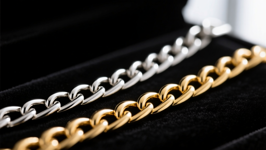 Macro shot comparing a rigid platinum snake chain and a fluid 14k gold rope chain on dark velvet, sharp focus on the metal links