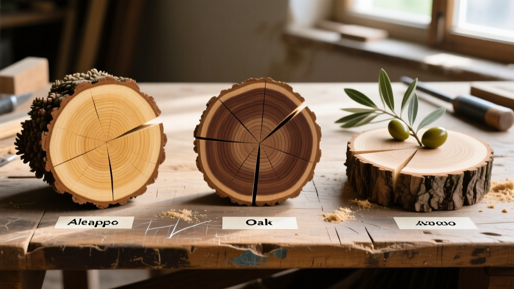 Botanical cross-section diagrams of ancient Levantine timber species including Aleppo pine, oak, and olive wood laid out on a rustic workbench