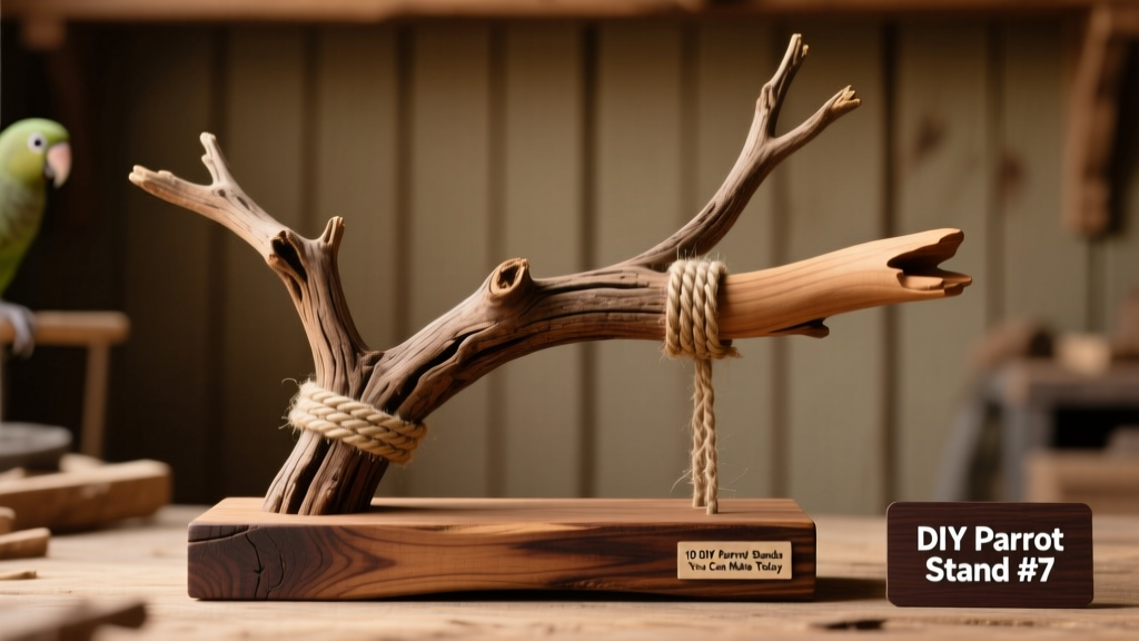 Close-up of a hand-sanded manzanita branch mounted into a stained wooden base with jute rope attachments