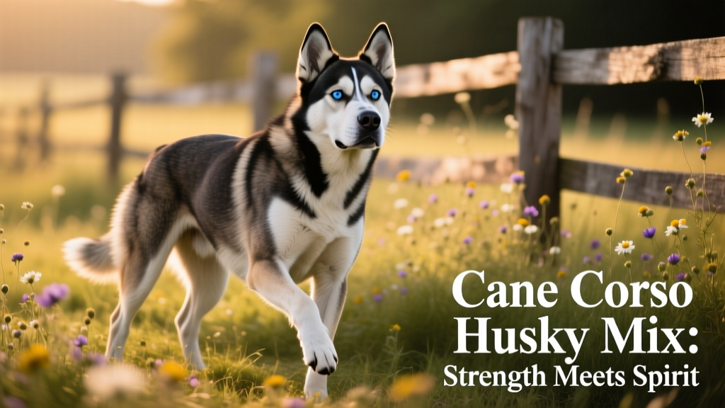 A confident, well-muscled Cane Corso Husky mix standing outdoors, showing its athletic build and expressive eyes