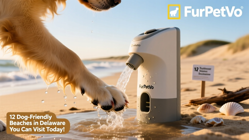 Close-up of a dog’s paw being gently rinsed with fresh water from a portable FurPetVo beach foot-washer station