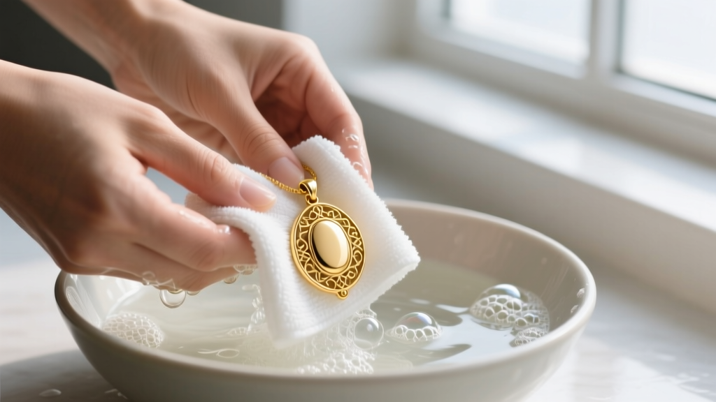 Hands washing a 14k gold plated pendant in soapy water, using a microfiber cloth to gently wipe the gold surface clean.