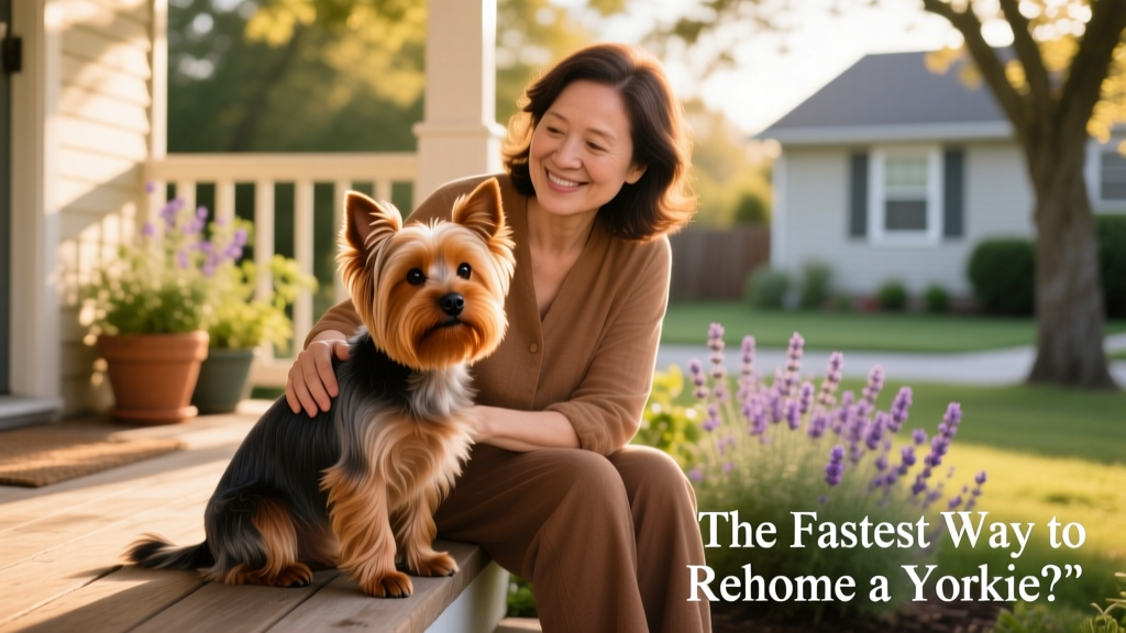 A gentle, well-groomed Yorkie sitting calmly beside a caring person