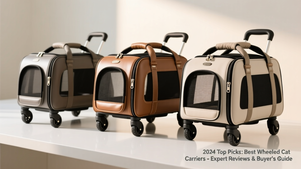 Side-by-side comparison of three wheeled cat carriers on a clean surface, highlighting wheels, zippers, and carrying handles