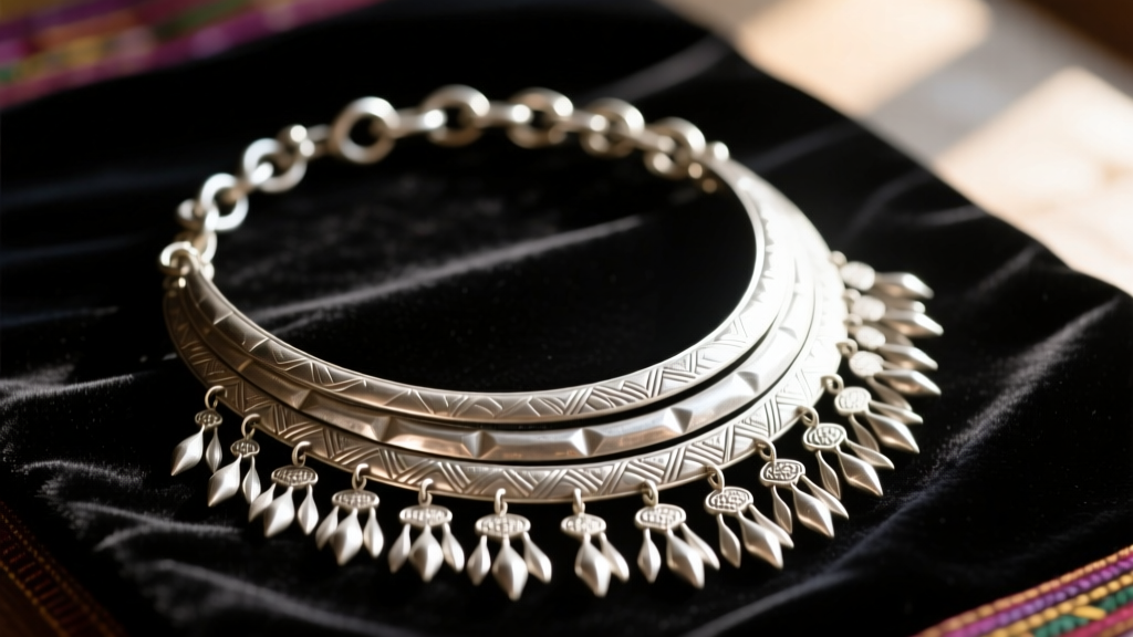 Traditional Hmong silver ear-to-neck chain from Vietnam with hand-hammered links and dangles, displayed on dark velvet fabric.