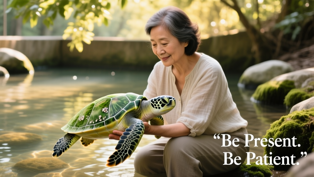 A sitter gently holding a turtle in a shallow, shaded outdoor enclosure with clean water and rocks