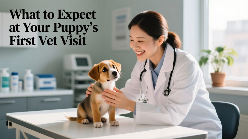 A calm, friendly veterinarian gently examining a small, curious puppy on an exam table