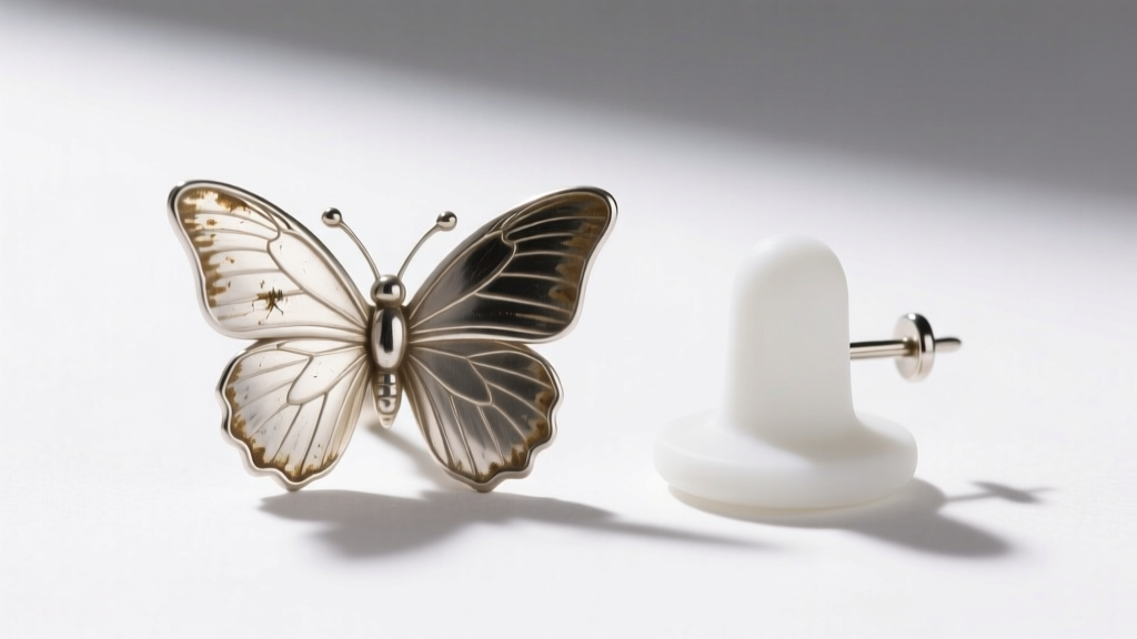 Side-by-side view of a worn 20-gauge silver butterfly back next to a new silicone earring stopper on a bright white surface.