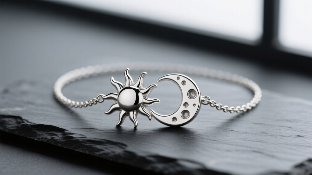Close-up of an interlocking sun and moon friendship necklace in polished sterling silver on dark slate, soft studio lighting.