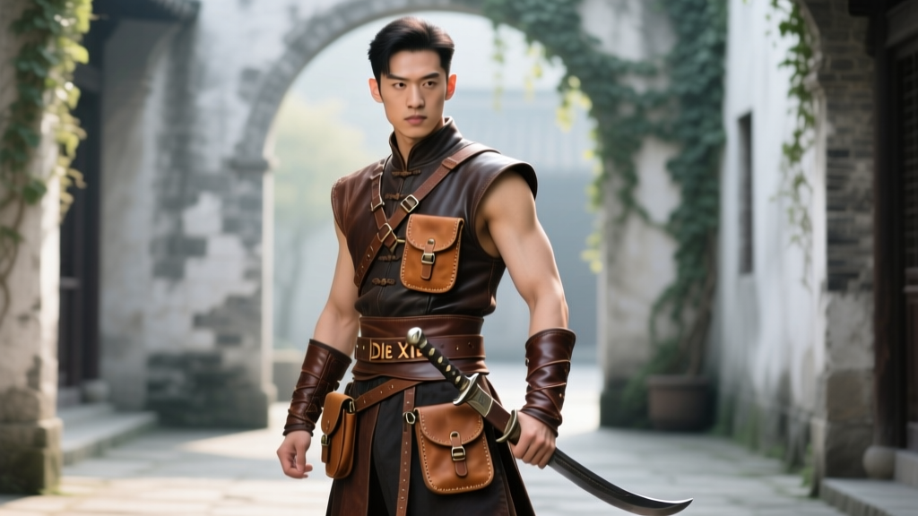 Modern historical reenactor wearing a fully accessorized leather Die Xie belt with suspended utility pouches and a curved dagger