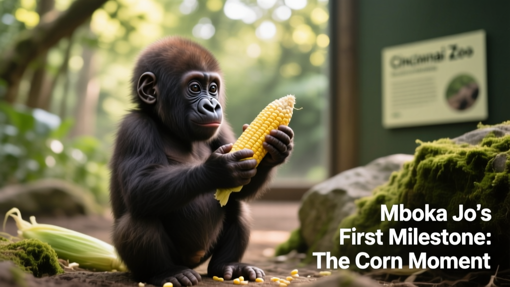 Baby Western Lowland Gorilla Mboka Jo sitting upright and holding an ear of corn with both hands, looking intently at it