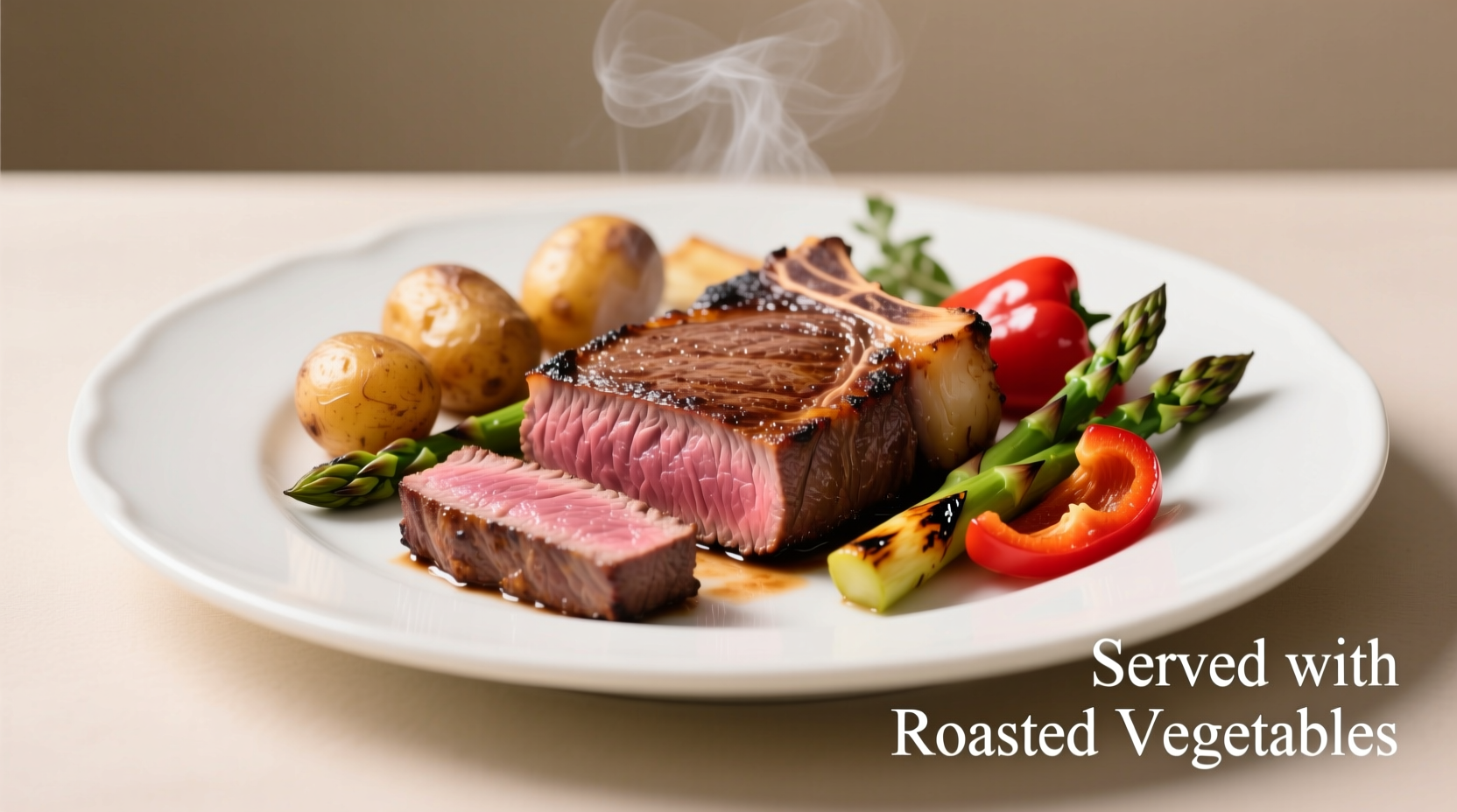 Sliced ostrich steak with roasted vegetables on white plate
