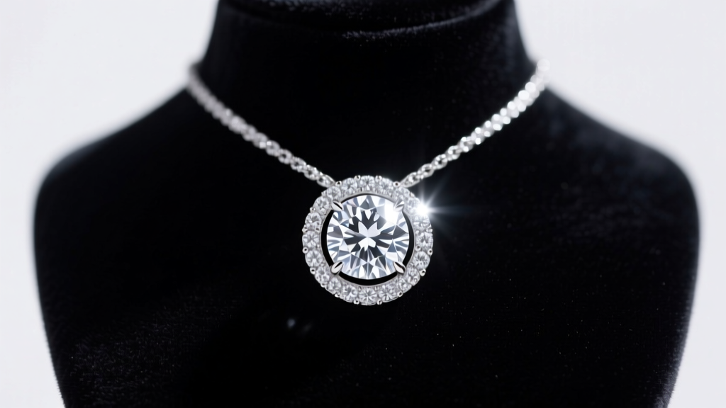 A diamond halo pendant featuring a center stone and micro-pave melee diamonds, catching bright studio light on a dark velvet bust.
