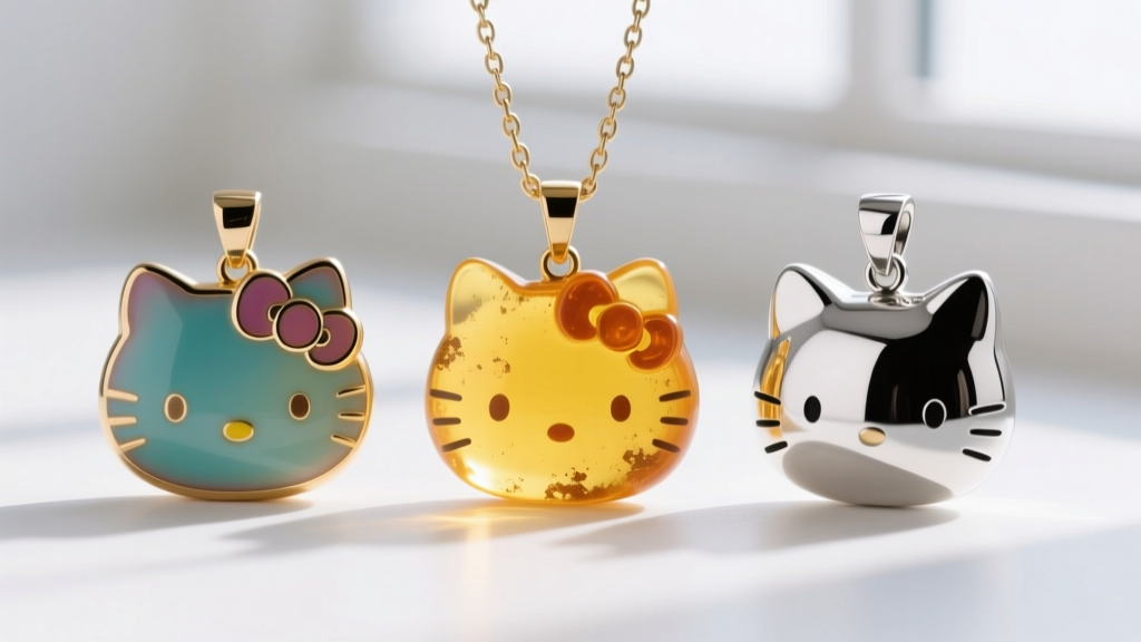 Close-up comparing soft enamel, yellowed epoxy resin, and polished rhodium-plated sterling silver nyan cat pendant materials.