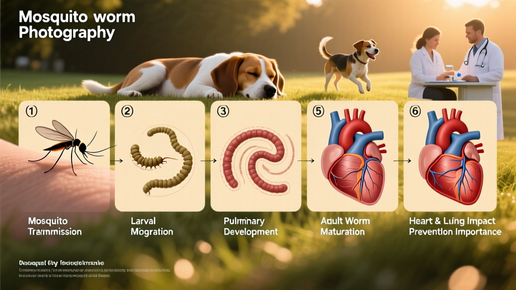 Diagram showing heartworm life cycle stages from mosquito to adult worm in dog's heart