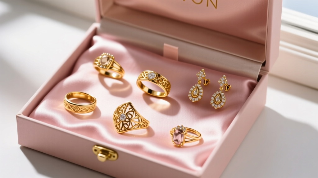Open gift box revealing vintage Avon gold-toned cocktail rings and clip-on earrings resting elegantly on blush pink silk fabric.