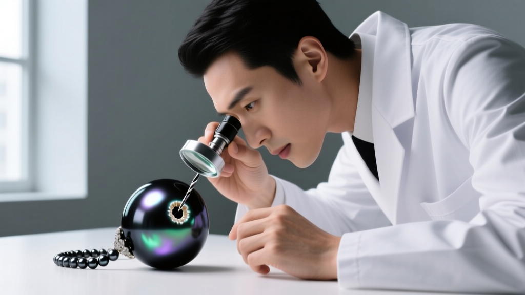 Jeweler using 10x loupe to inspect drill hole of a Tahitian black pearl strand for signs of nacre peeling and conchiolin damage