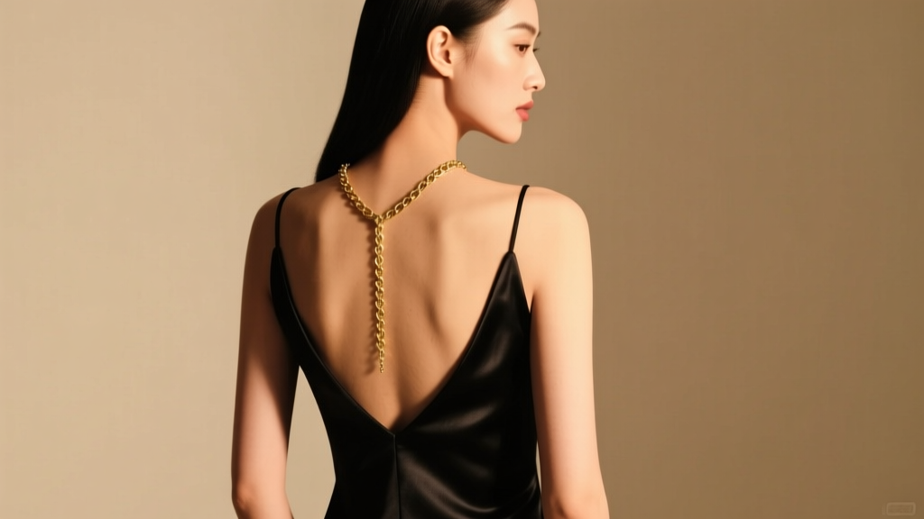 Woman wearing a 14k gold back chain necklace over a black silk backless gown, shot from behind in soft, warm studio lighting