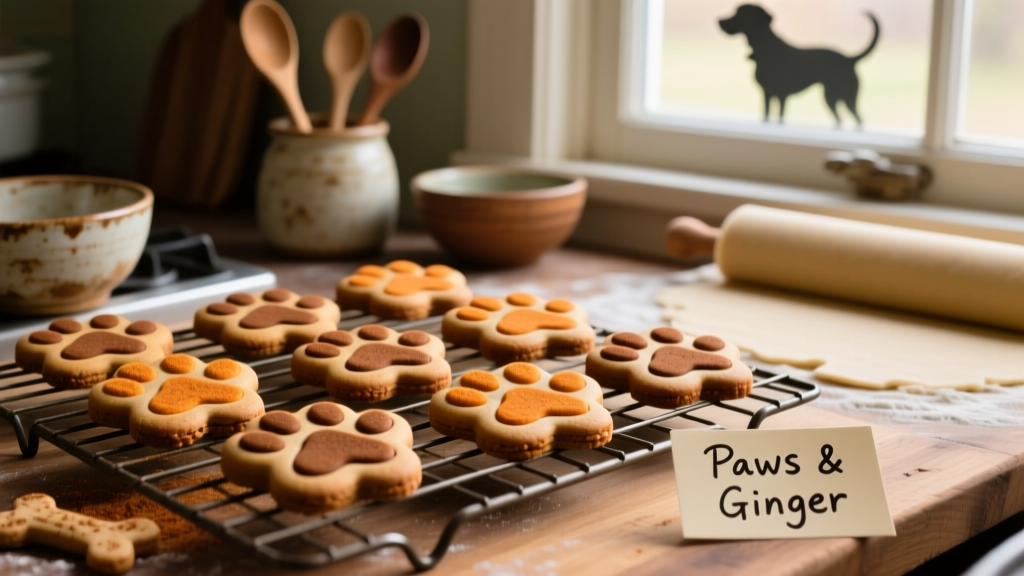 Freshly baked dog-friendly gingerbread cookies arranged on a cooling rack
