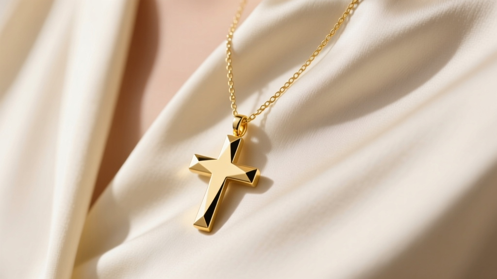 Close-up of a minimalist 14k yellow gold sideways cross pendant resting on a delicate 1.2mm box chain against a silk blouse