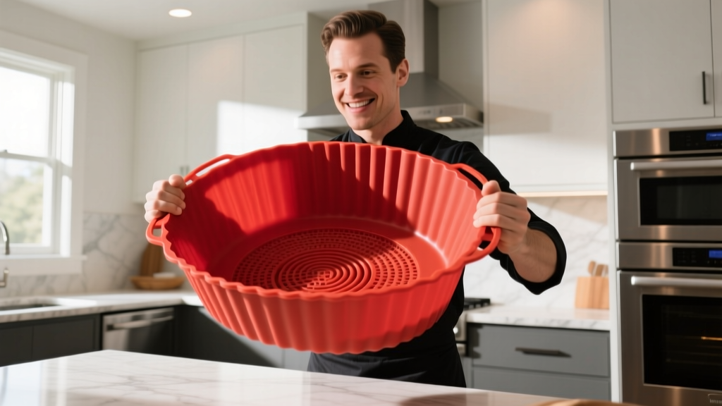 Home cook holding a thick platinum-cured silicone air fryer liner in bright red, demonstrating its flexibility and structural rigidity under kitchen lighting