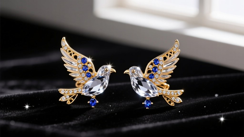 Ornate Glinda bird earrings with a crystalline dove motif and pavé sapphire accents resting on dark velvet under soft lighting