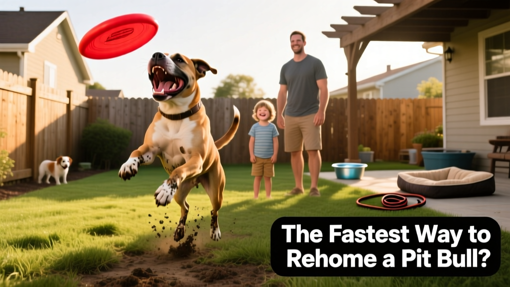 A happy pit bull playing fetch in a fenced yard with a new family, including a child and an adult smiling nearby