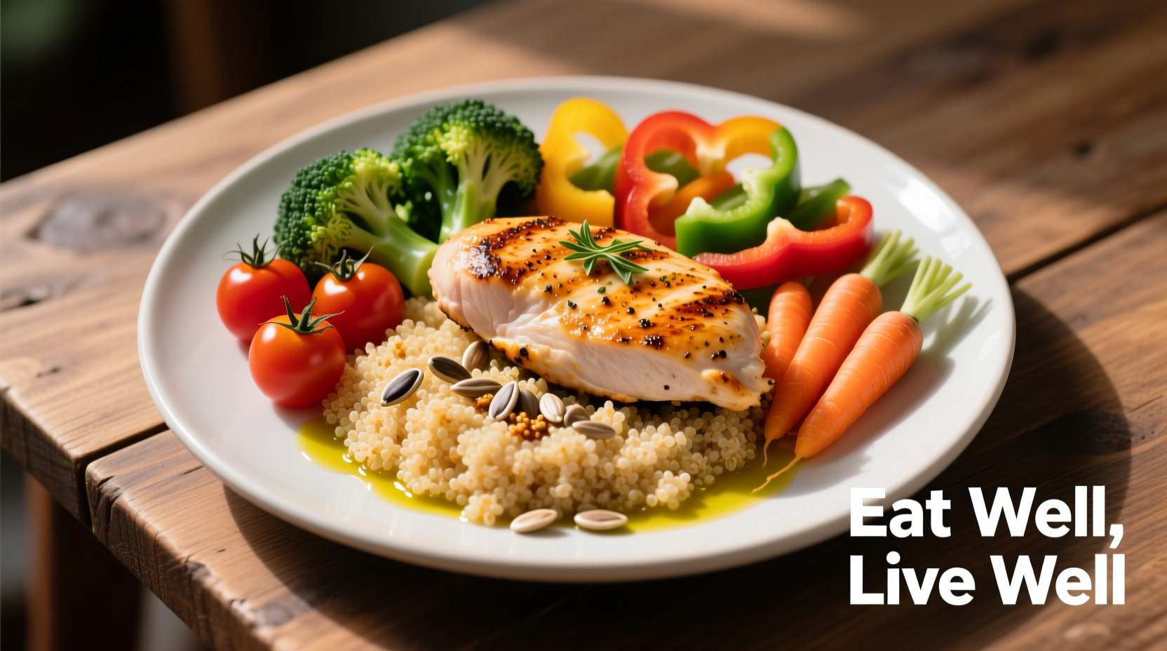 Healthy plate with vegetables, lean protein, and whole grains