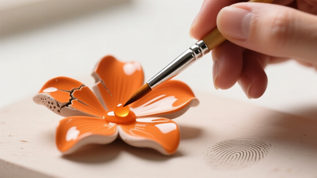 Jeweler applying UV-cure resin to a chipped orange polymer clay flower petal with a fine brush under bright studio lighting.