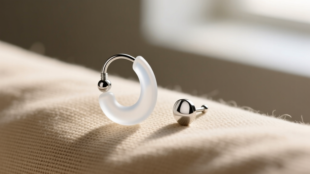 Close-up of a clear medical-grade silicone earring hook beside a silver stud on beige linen under soft, natural window lighting.