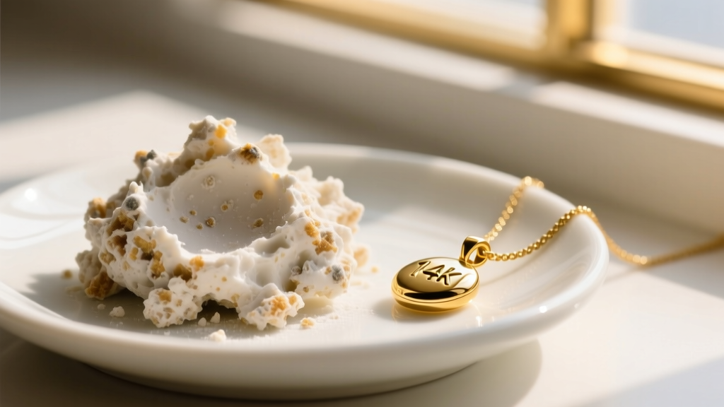 Macro shot of degraded DIY baking soda paste on a ceramic dish next to a 14k gold pendant necklace in bright natural window light