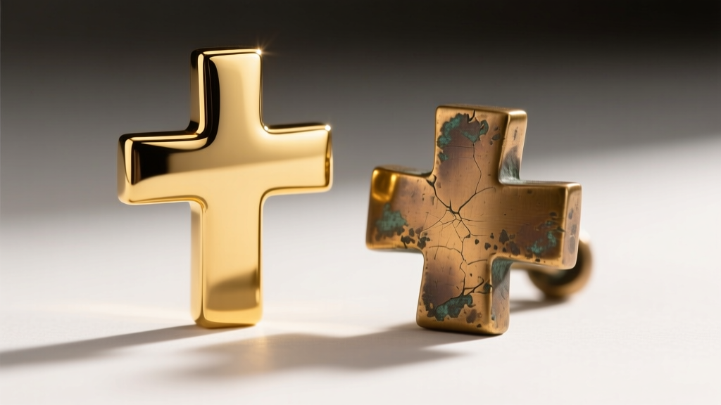 Macro shot of a polished 14k gold Jerusalem cross beside a patinated brass replica, showing surface texture and color differences.