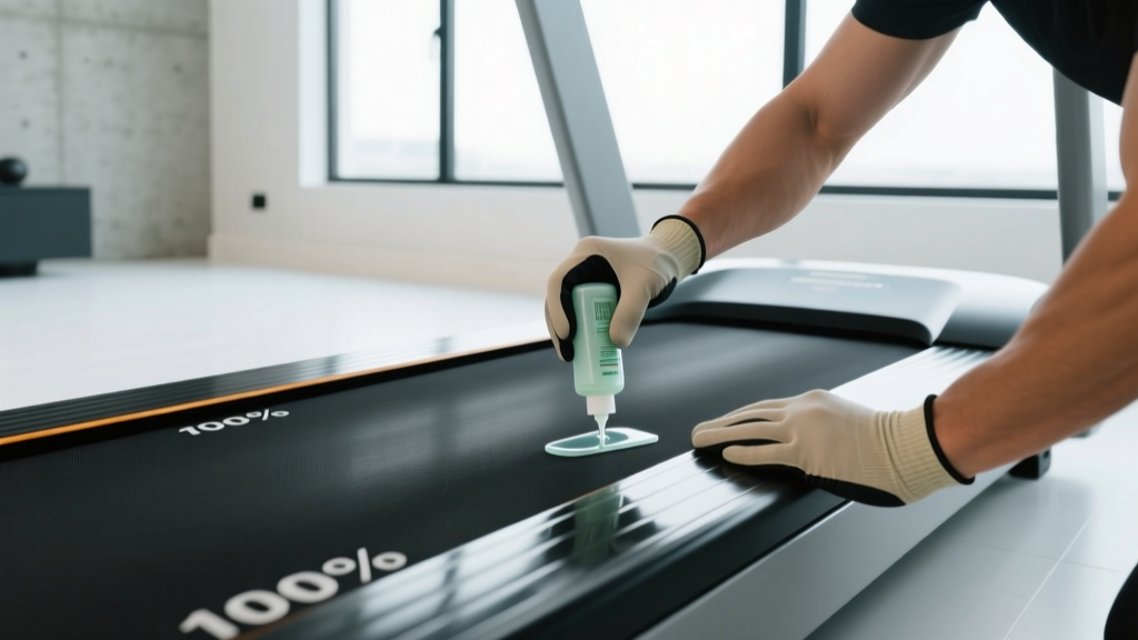Owner applying 100 percent silicone lubricant under a black treadmill running belt using a specialized spreader tool in a bright home gym