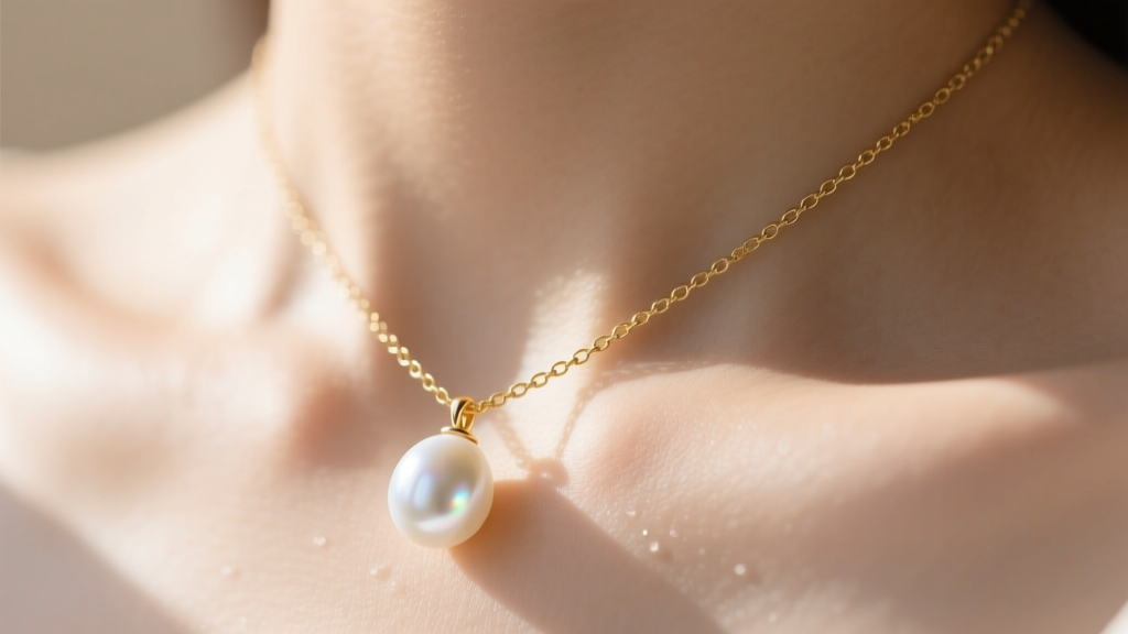 Close-up of a collarbone featuring a delicate 14k gold chain holding a lustrous 9mm white teardrop freshwater pearl drop pendant.
