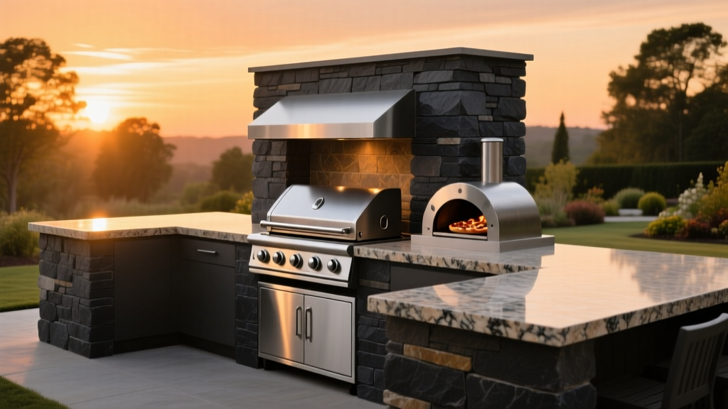 Stainless steel grill and pizza oven built into a stacked stone outdoor kitchen island with granite countertops at sunset