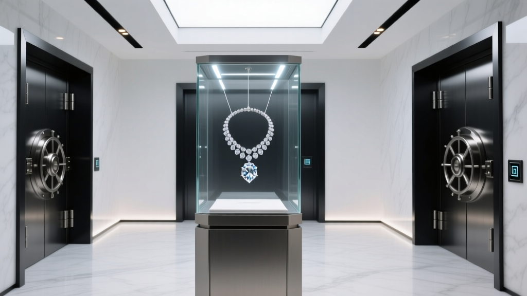 Vault interior with a custom titanium and biometric glass display case holding a high-value diamond necklace under cool LED lights