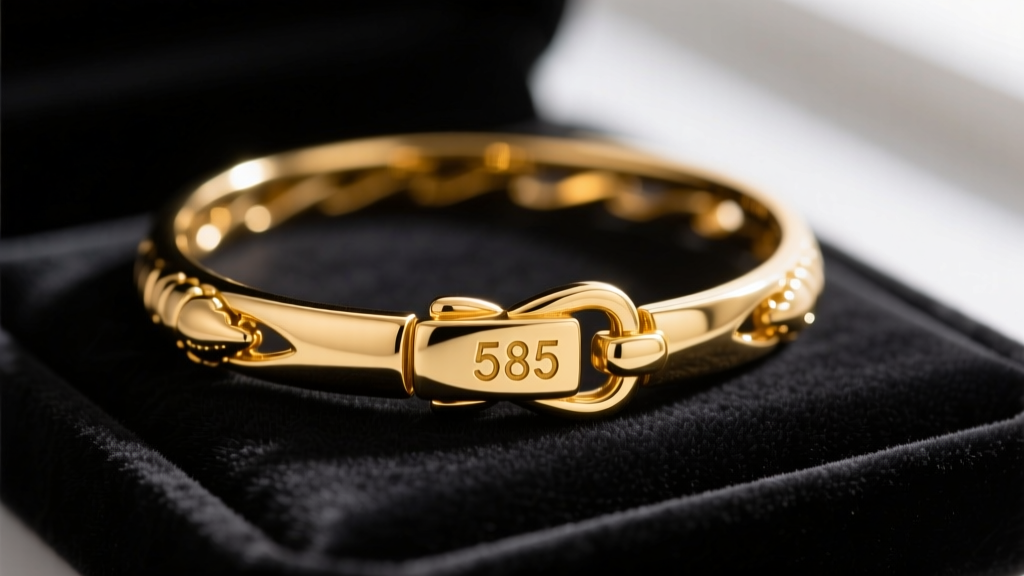 Macro shot of a 14k yellow gold choker lobster clasp stamped with a 585 hallmark, resting on a dark velvet jewelry display pad.