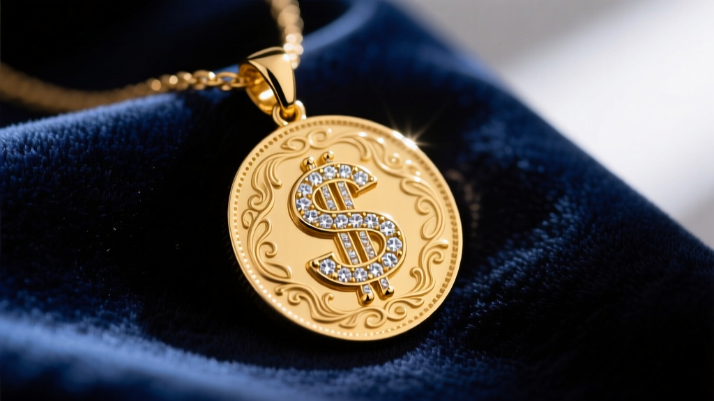 14k yellow gold pendant shaped like a detailed coin with a diamond-studded dollar sign resting on dark navy velvet fabric.