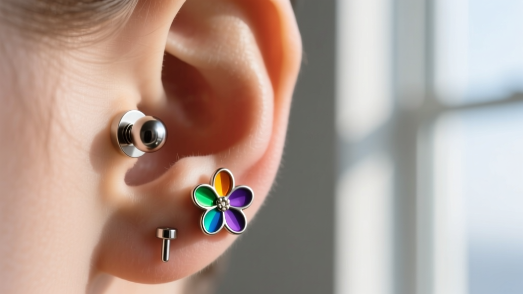 Close-up of a gender-neutral ear curation with an ASTM F-136 titanium threadless labret stud and a subtle rainbow enamel flower.