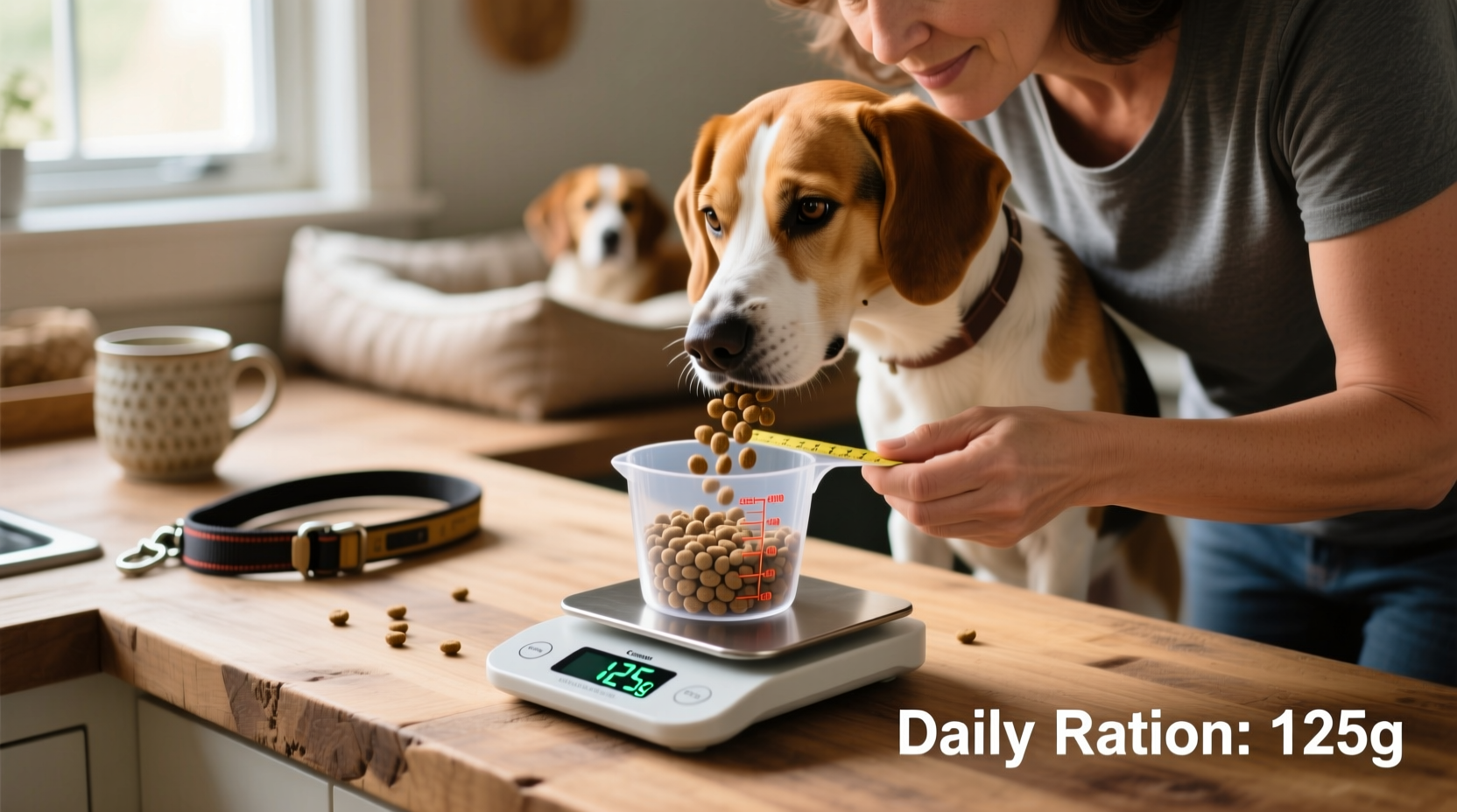 Dog owner measuring kibble with scale and measuring cup