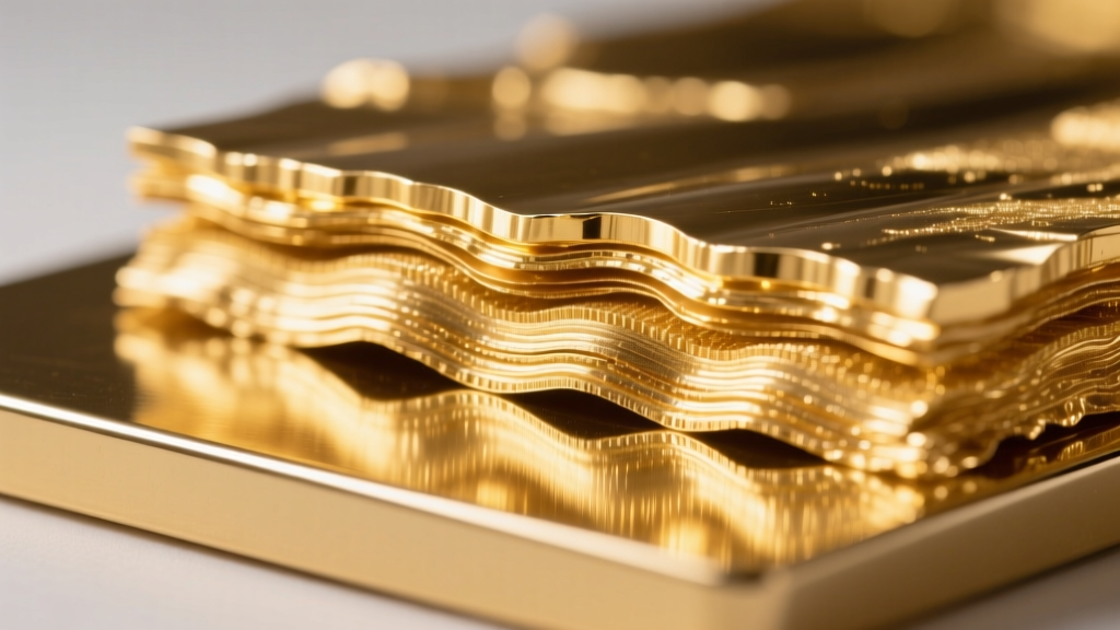 Cross-section photograph showing thick micron gold electroplating layers over a polished jeweler's brass base metal.