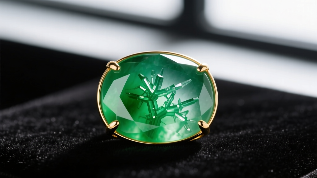 Close-up of Type A imperial jadeite cabochon in 18k gold showing natural inclusions and fibrous interlocking crystalline structure.