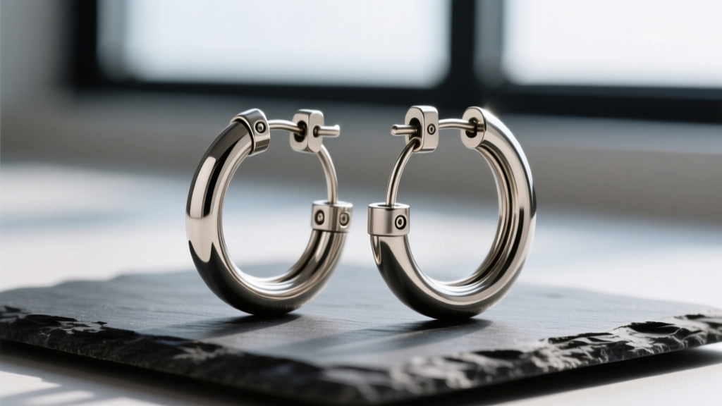 Macro flat lay of chunky double hoop earring hinges showing 16-gauge wire thickness and secure locking mechanisms on dark slate.
