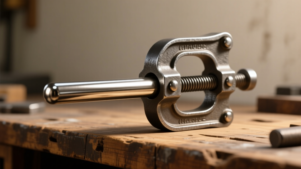 Heavy-duty cast iron jewelry ring stretcher with a polished steel mandrel on a wooden workbench under warm studio lighting