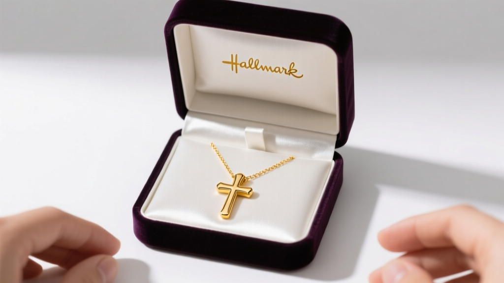 Open velvet gift box revealing a polished 14k yellow gold Hallmark cross necklace on white satin under soft studio lighting.