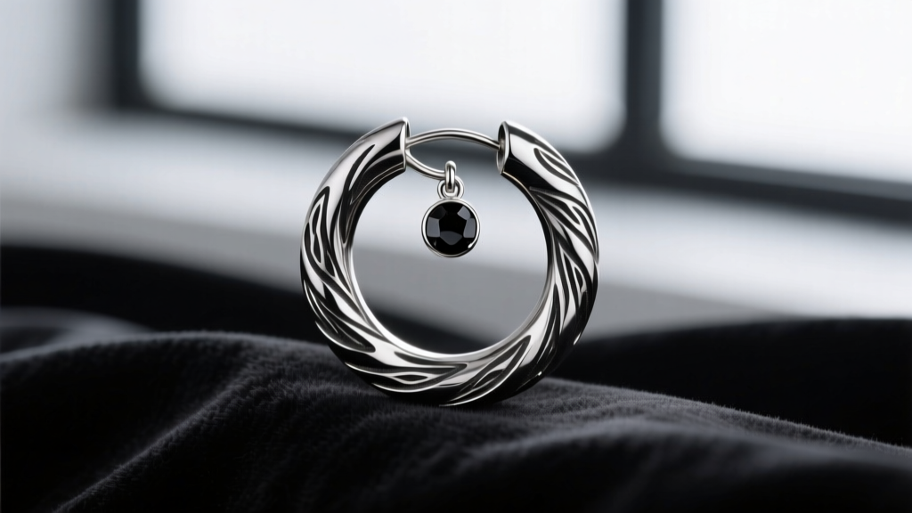 16-gauge black rhodium titanium helix hoop with carved faux-bone textures and a black spinel charm resting on dark velvet fabric.